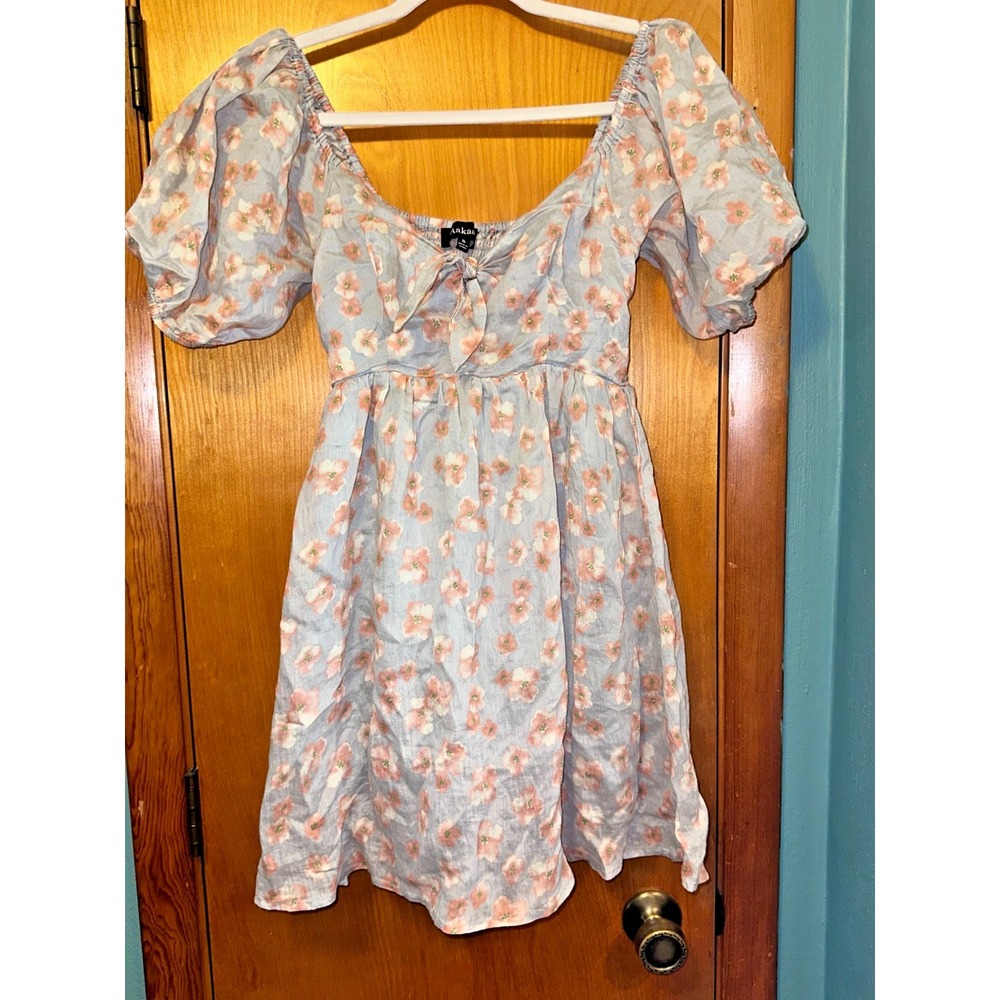 Aakaa Blue Floral Puff Sleeve Fit & Flare Mini Dress Short Size S